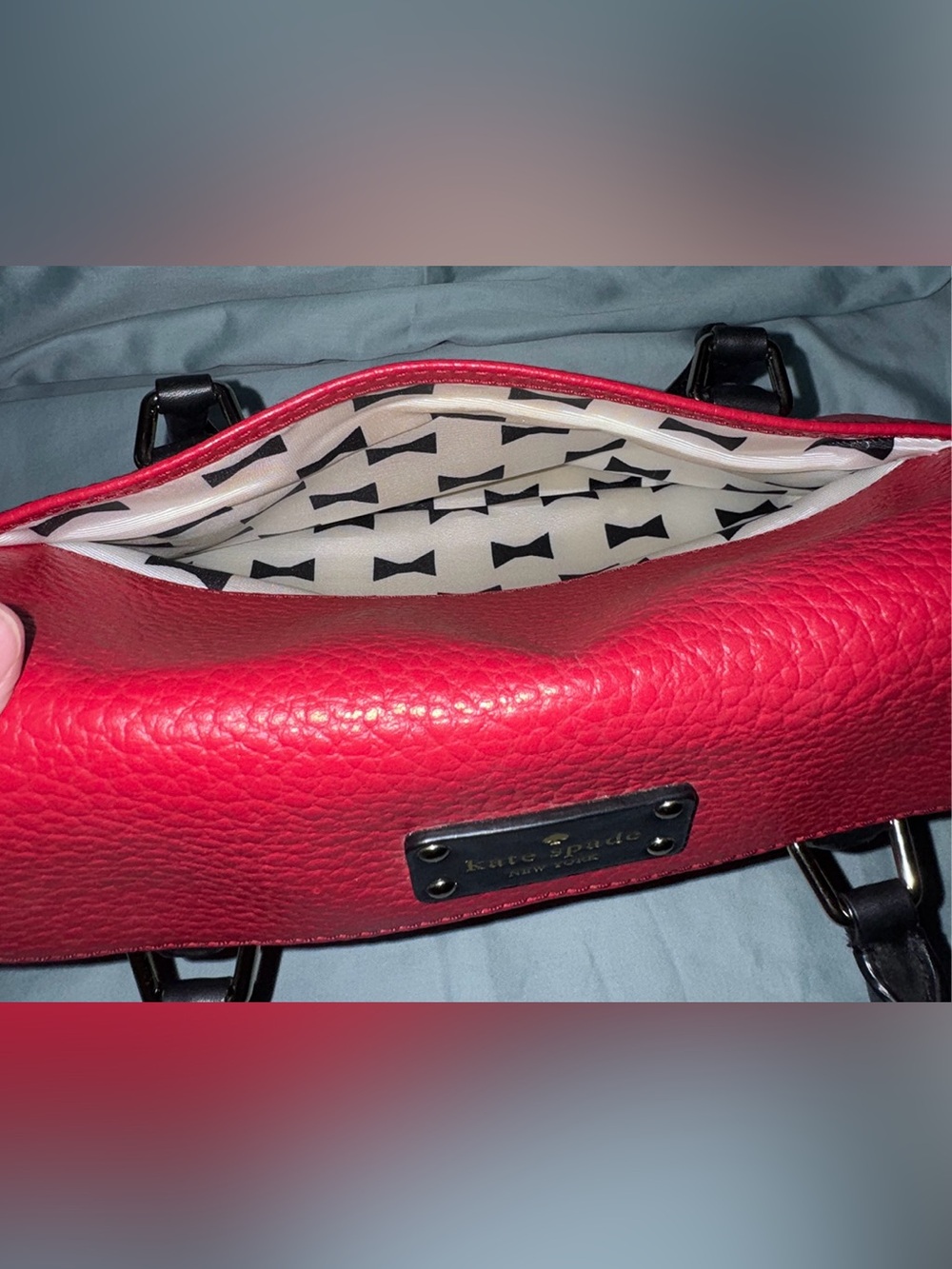 kate spade Red Pebbled Leather Satchel with Black Handles & Strap - Picture 8 of 13